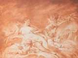 an image of a painting of a woman with angels on a cloud