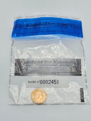 a small coin in a plastic bag on a table