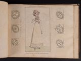 an open book with a drawing of a woman in a dress