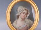 portrait of a young woman in a bonnet, painted in a gold frame