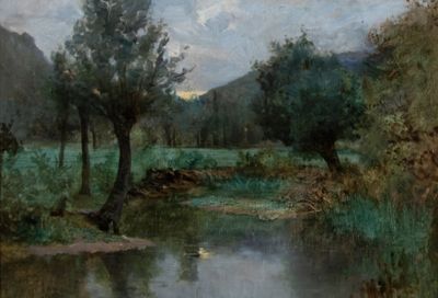 un tableau représentant une rivière avec des arbres au premier plan