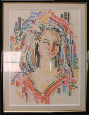 tableau représentant une femme en robe rouge portant une coiffe colorée