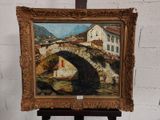 une peinture à l'huile représentant un pont sur une rivière avec un bâtiment à l'arrière-plan