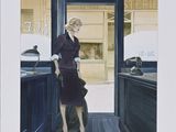 un tableau représentant une femme debout devant un magasin