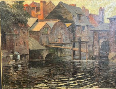 une peinture représentant un bateau dans l'eau, près d'un immeuble