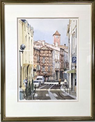 painting of a city street with a clock tower in the background