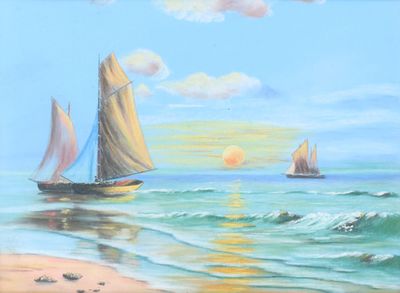 painting of sailboats on the beach at sunset on a sunny day