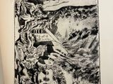 an open book with a black and white drawing on it