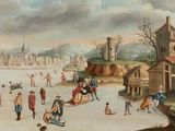 tableau représentant une scène hivernale avec des personnes faisant du patin à glace sur une rivière gelée