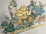 painting of a buddha sitting on a pile of toys with other people around him