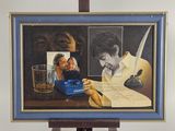 a painting of a man and a woman sitting at a desk