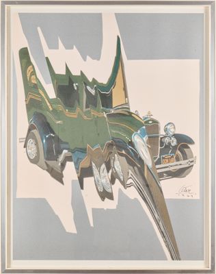tableau représentant une voiture verte et une voiture marron dans un cadre blanc