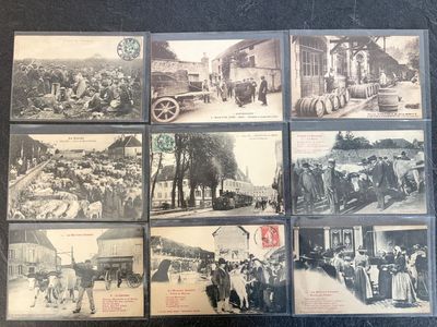 several old black and white photos of people and animals in a town