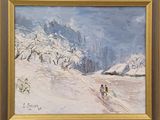 an oil painting of two people skiing down a snow covered mountain