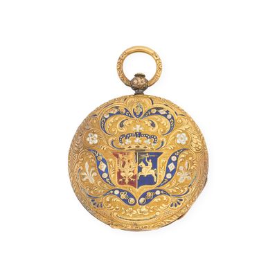 an image of a gold pocket watch with a blue and white design