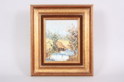 a painting of a deer standing in a field next to a stream