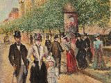an oil painting of a group of people walking down a street
