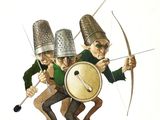 illustration of a group of men dressed in medieval clothing holding spears and a shield