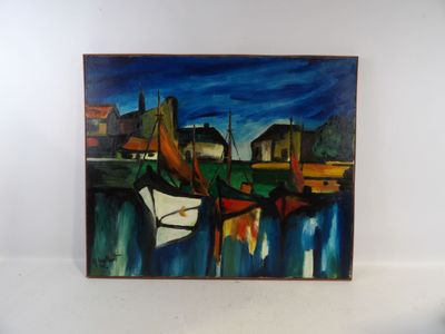 un tableau accroché au mur d'une pièce, représentant un bateau sur l'eau