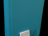 a blue binder with a white button on it