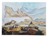 une image représentant un tableau représentant un paysage de montagne avec un village au loin