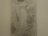 drawing of a woman in a white dress standing in front of a window