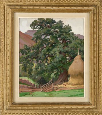 une peinture à l'huile représentant un arbre et des balles de foin dans un champ