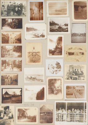 an old photo of a bunch of old photos hanging on a wall