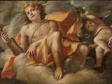 an image of a painting of a man with a guitar and a cupid