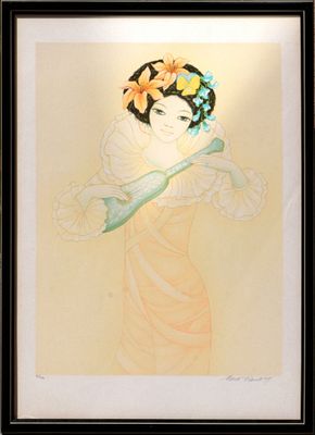 une image d'une peinture représentant une femme avec des fleurs dans les cheveux