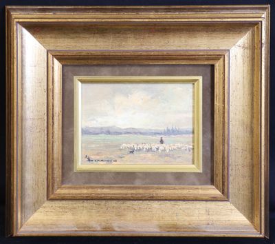 un tableau représentant une vue d'une ville avec une église au loin