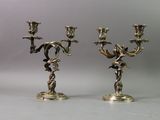 pair of antique brass candlesticks with birds and flowers