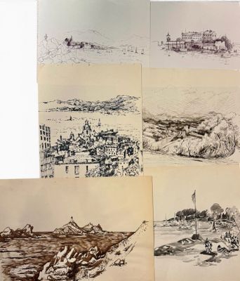 several sketches of a city and a beach with a boat in the water