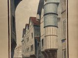 painting of a street in a european city with a tall tower