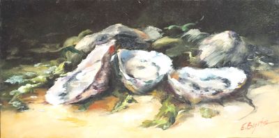 un tableau représentant des huîtres posées sur une table recouverte de feuilles