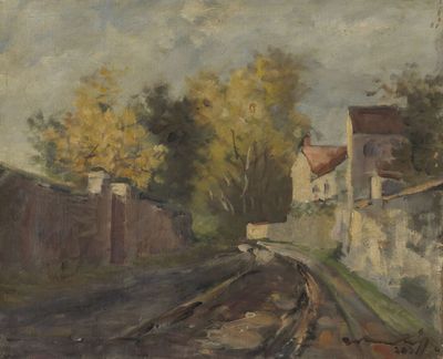 peinture représentant une peinture d'une voie ferrée avec un bâtiment en arrière-plan