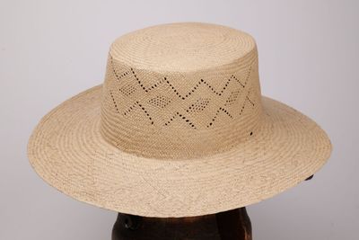 une image représentant un chapeau de paille posé sur une tête de mannequin