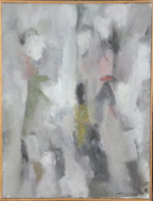 une peinture à l'huile représentant une femme et un enfant marchant sous la pluie
