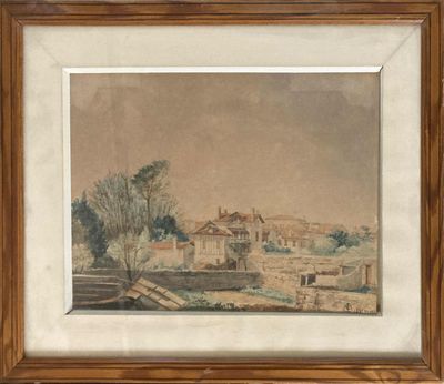 un tableau représentant un paysage avec une maison et des arbres au premier plan