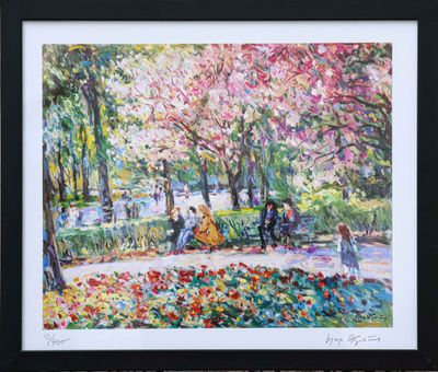 un tableau représentant une scène de parc où l'on voit des gens se promener et s'asseoir sur un banc