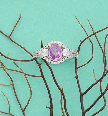 un anneau violet posé sur une branche d'arbre