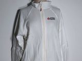 the jacket is white and has a logo on it
