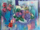 painting of a still life of fruit and flowers in vases on a window sill