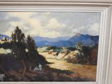 an oil painting of a landscape with mountains in the background