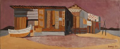 painting of a beach hut with a boat in the sand