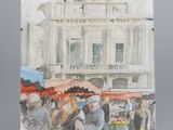 an image of a painting of people at a market in front of a building