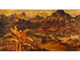 an image of a painting of a mountain scene with a river in the foreground