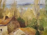 an oil painting of a farm scene with a pond and a house