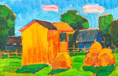 painting of a farm with hay bales and a barn in the background