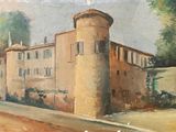 a painting of a building on the side of a road